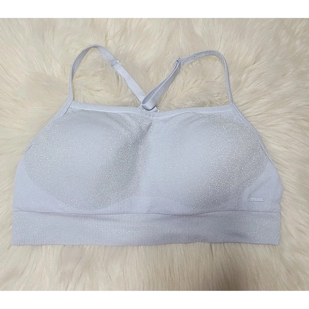 VS PINK Victoria's Secret Seamless Strappy Sports Bra M Silver Shimmer Glitter